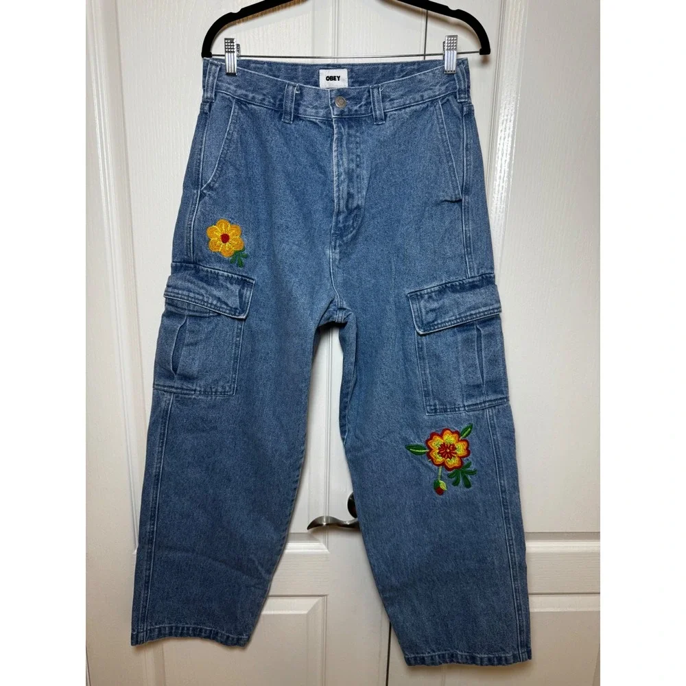 Obey Floral Embroidered Bigwig Cargo Jeans Medium Wash Wide Leg Size 30